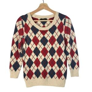 A.P.C Cream Red & Blue Argyle Diamond Wool Crewneck Sweater S